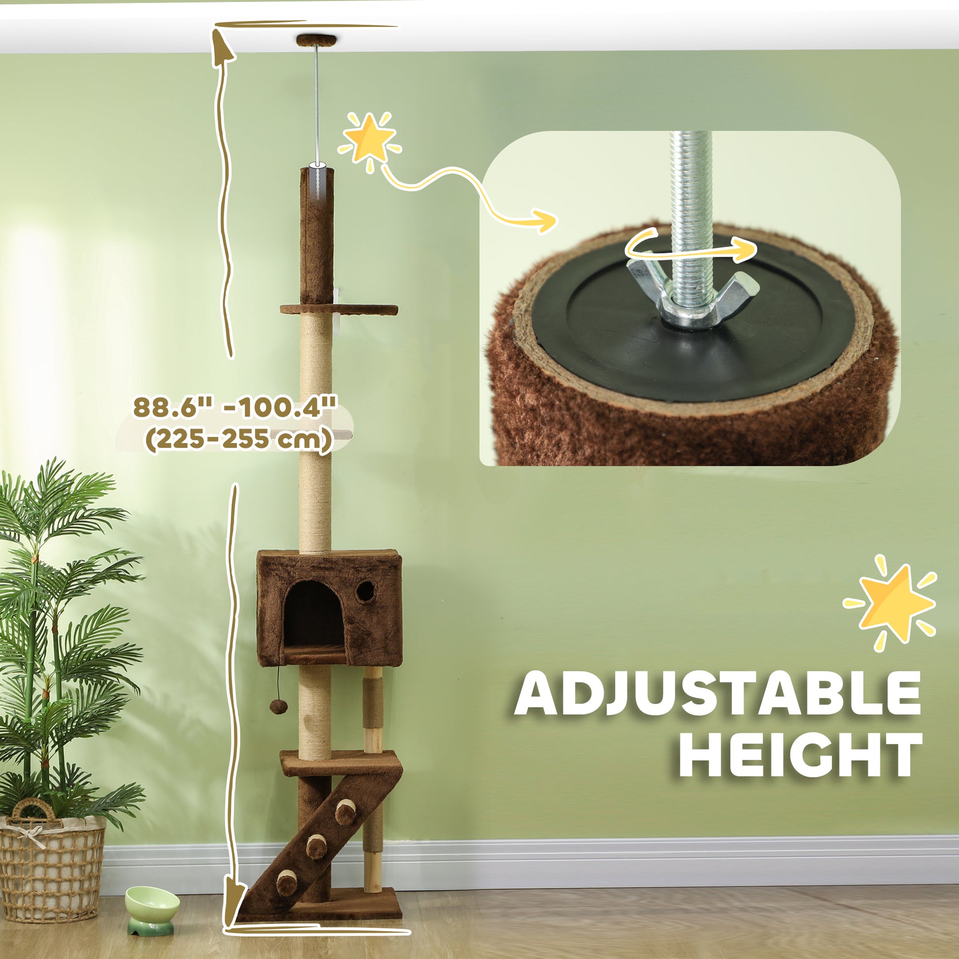 89"-100" Floor to Ceiling Cat Tree with Scratching Post, Cat House, 3-Steps, Hanging Ball, Perches, Anti-tip Kit, Brown