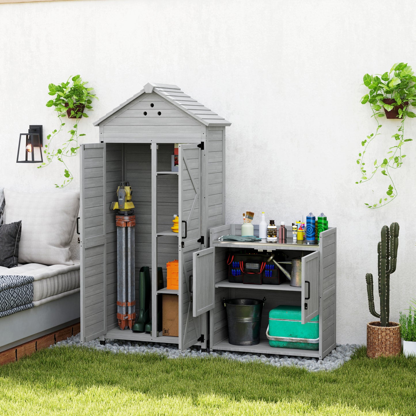 2-in-1 Outdoor Storage Cabinet, Wood Garden Shed with Shelves, Vent Holes, Foot Caps for Backyard, Patio, Lawn