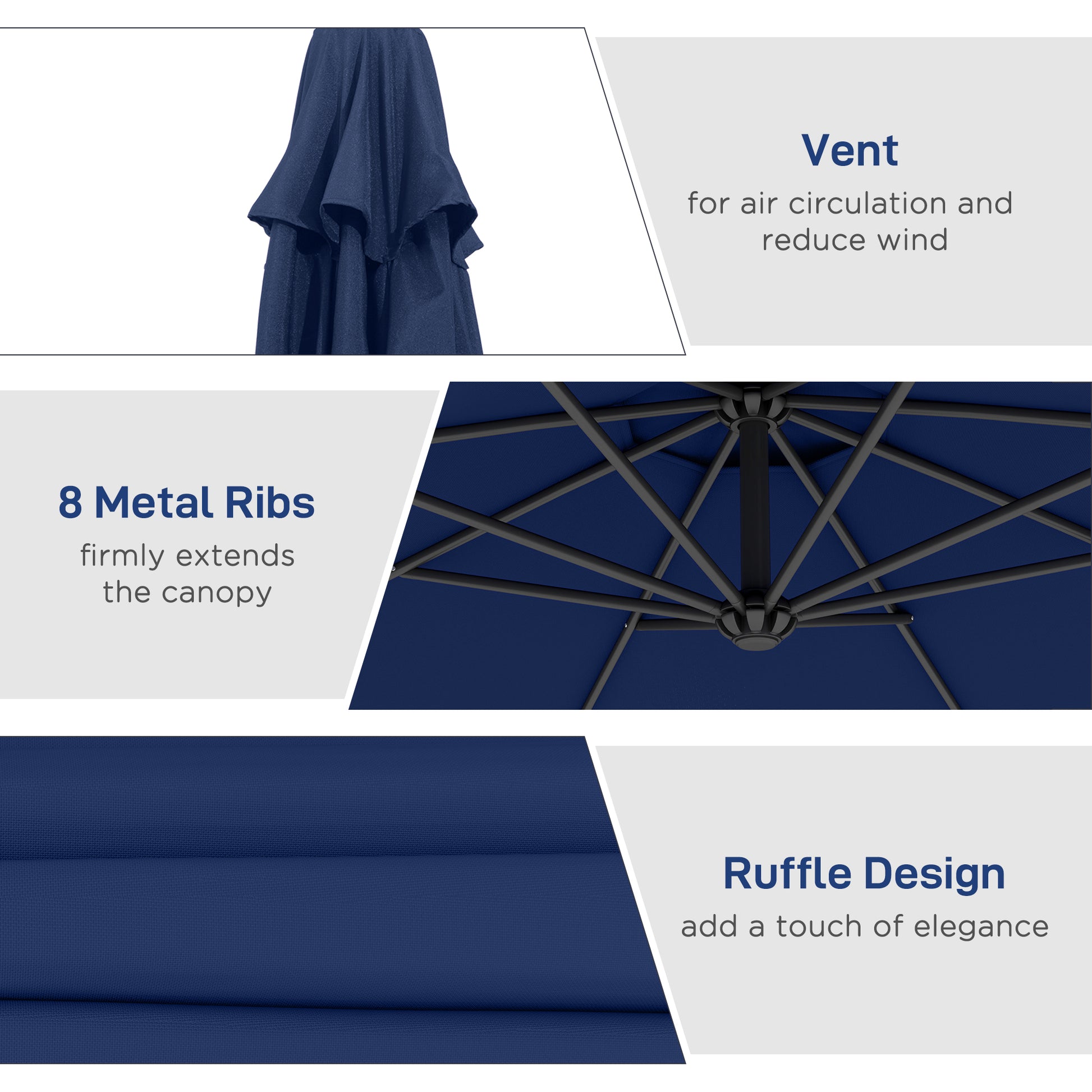 10' Deluxe Patio Umbrella, Outdoor Market Parasol, Banana Hanging Offset Sunshade with Crank, Cross Base, Navy Blue