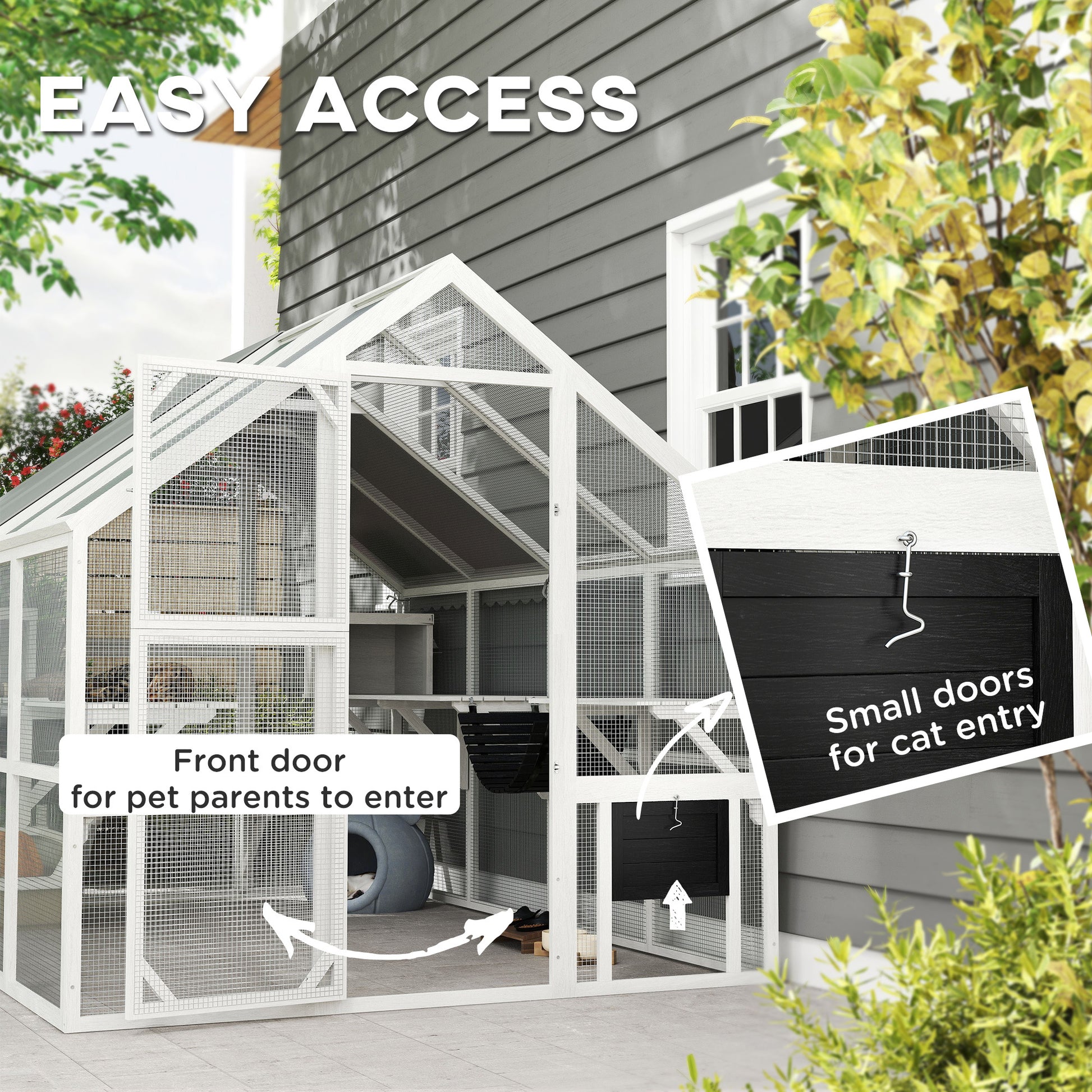 Outdoor Cat Enclosure Wooden Feral Cat House w/ Weatherproof Canopy, Bridges, Resting Boxes, Platforms, for 3-6 Cats
