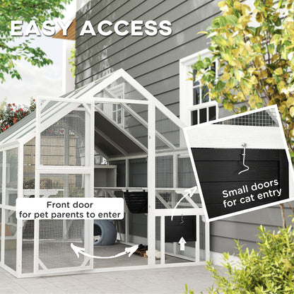Outdoor Cat Enclosure Wooden Feral Cat House w/ Weatherproof Canopy, Bridges, Resting Boxes, Platforms, for 3-6 Cats