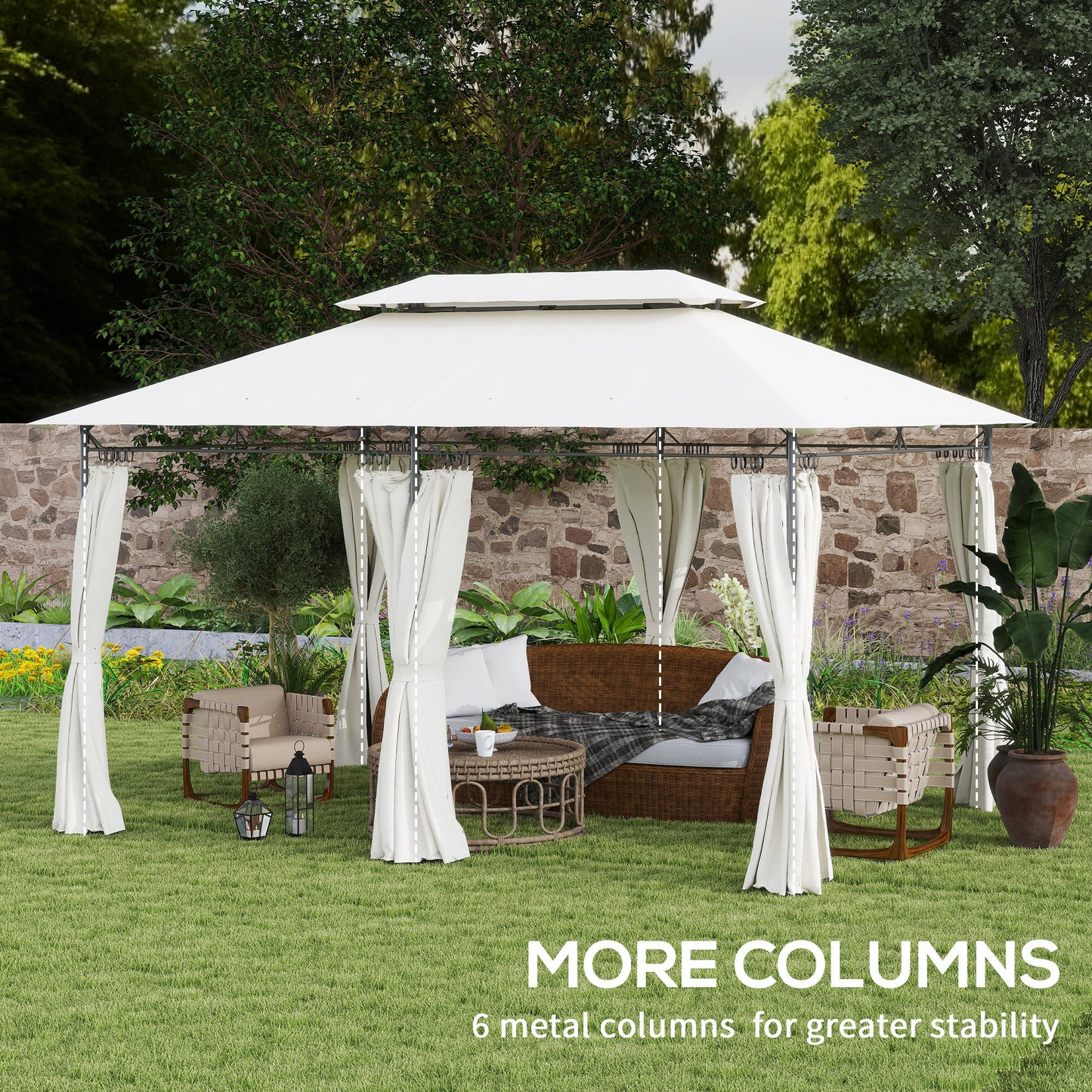 10' x 13' Double Roof Patio Gazebo, Outdoor Gazebo with Curtains, for Garden, Lawn, Backyard and Deck, Cream White