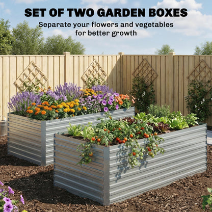 Set of 2 Galvanised Raised Garden Bed, 6 x 3 x 2 ft Metal Garden Bed with Safe Edging, Silver