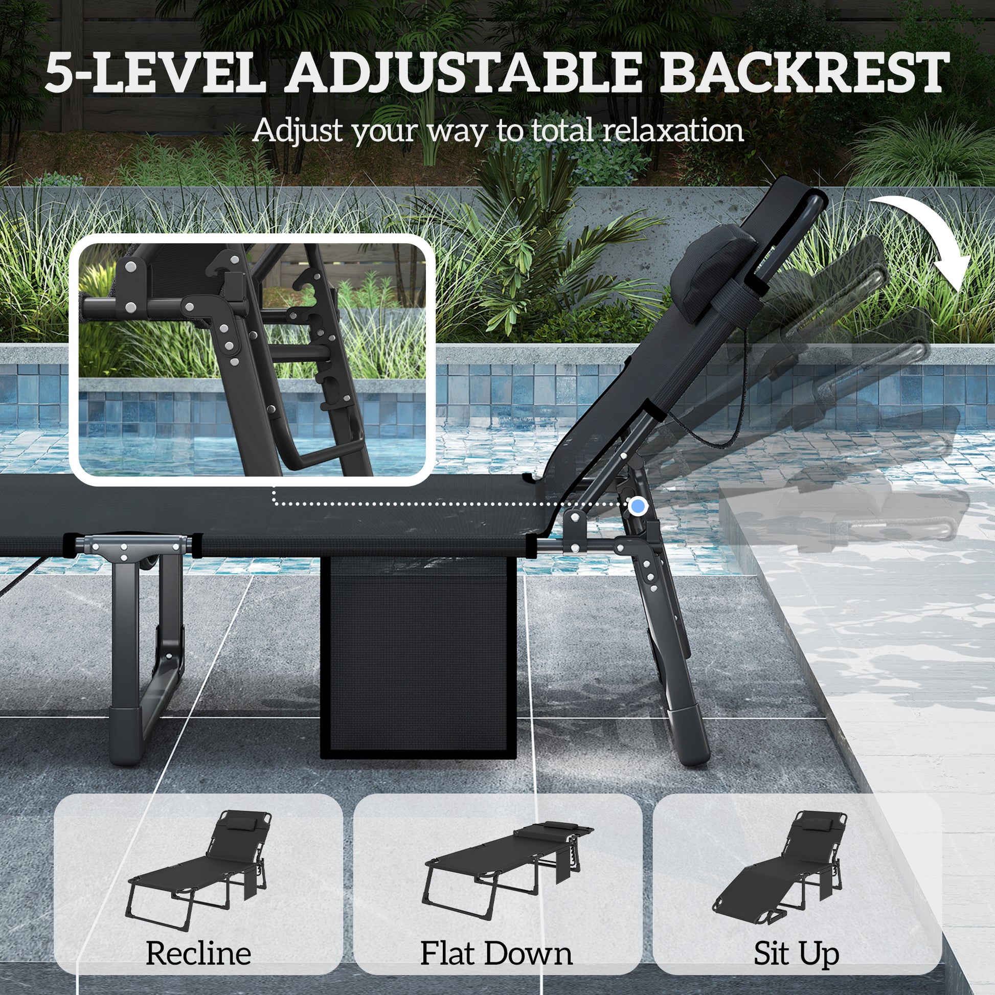29.5" Wide Folding Chaise Lounge Chair Outdoor Tanning Chair, Camping Cot with Cushion, Side Pocket, Grey/Blue