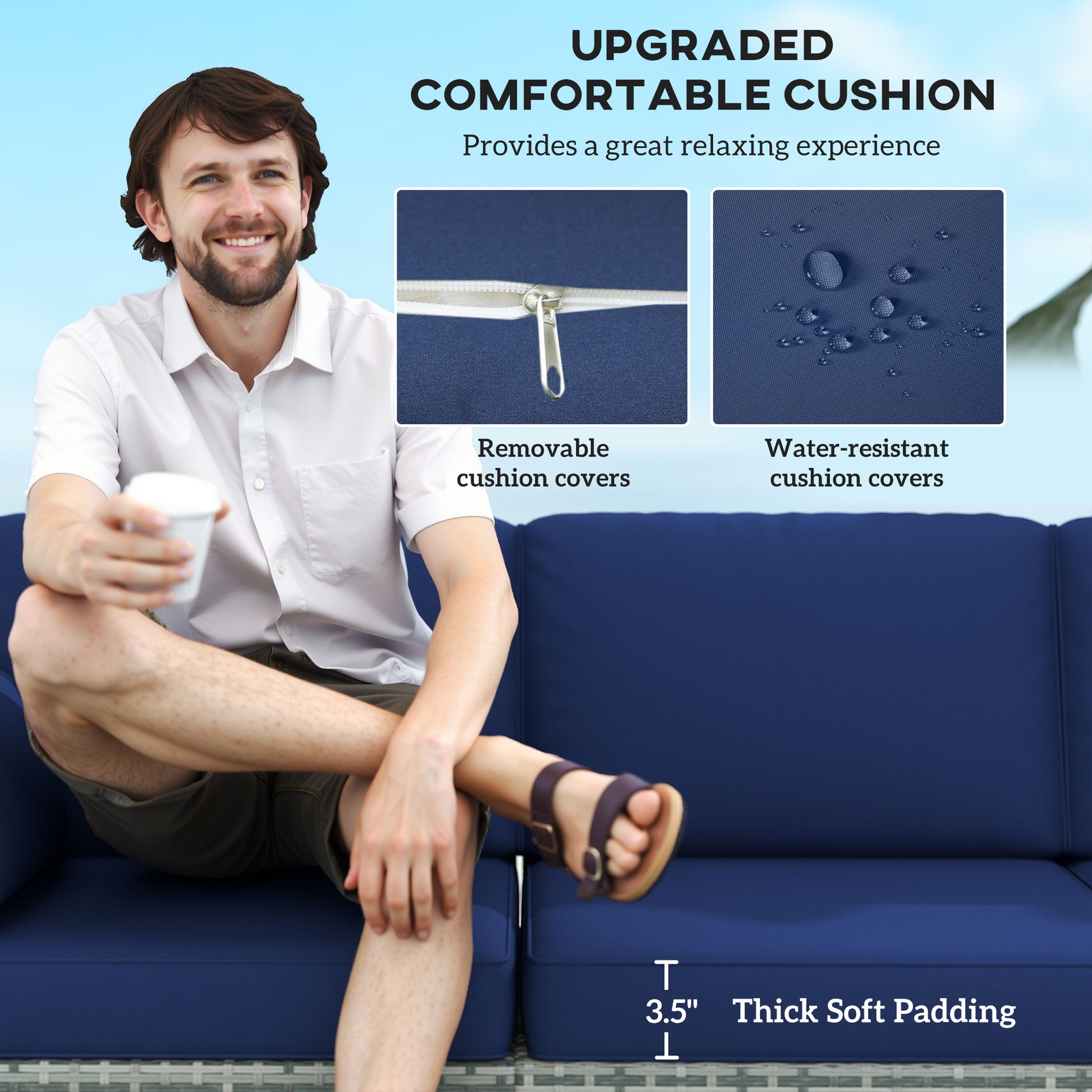 3-Seater Outdoor Sofa with Cushions, PE Rattan Conversation Patio Couch with Pillows for Garden, Poolside, Dark Blue