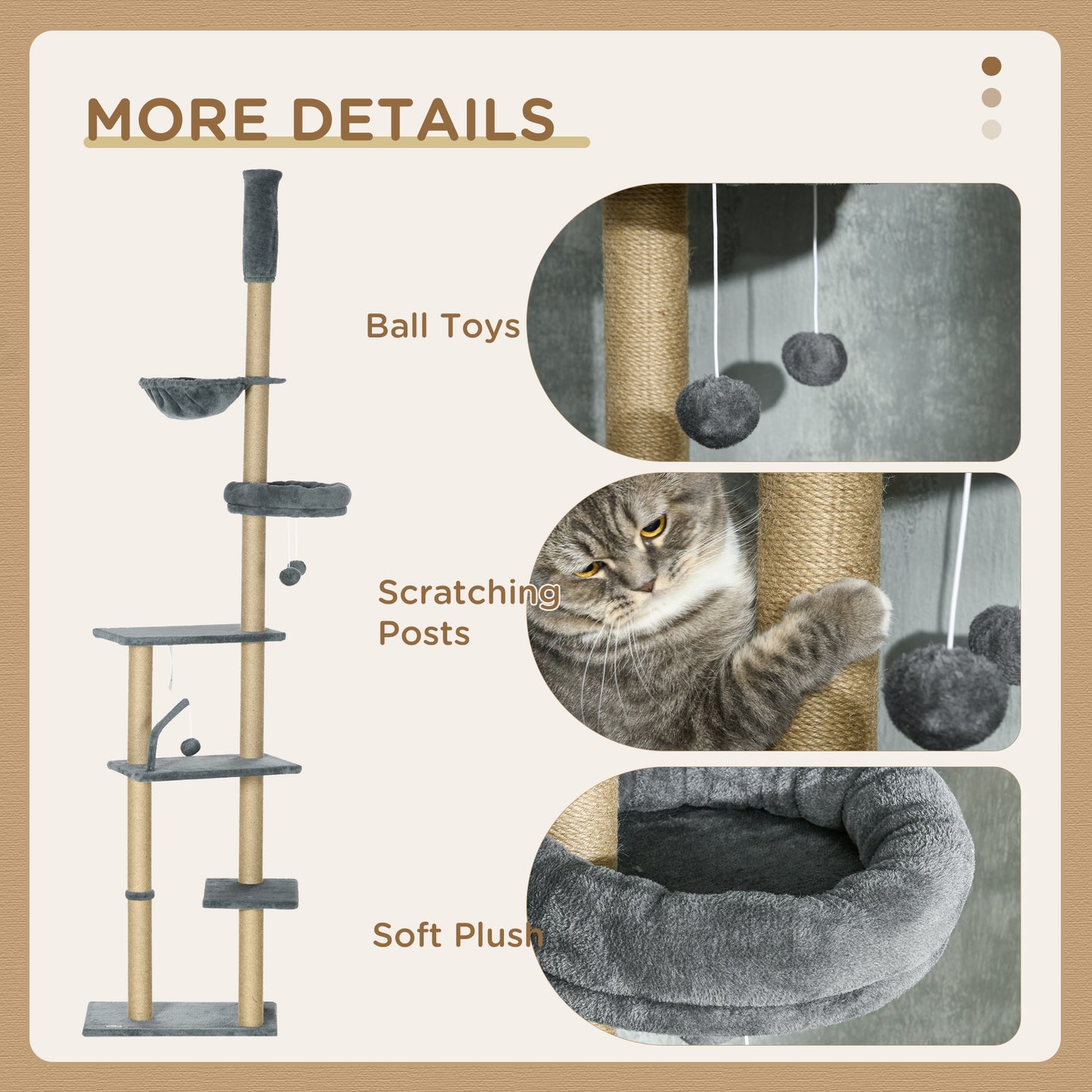 Floor to Ceiling Cat Tree, 90.5" - 98.5" Cat Tower with Scratching Post, Dangling Balls, Platforms, Bed, Hammock, Grey