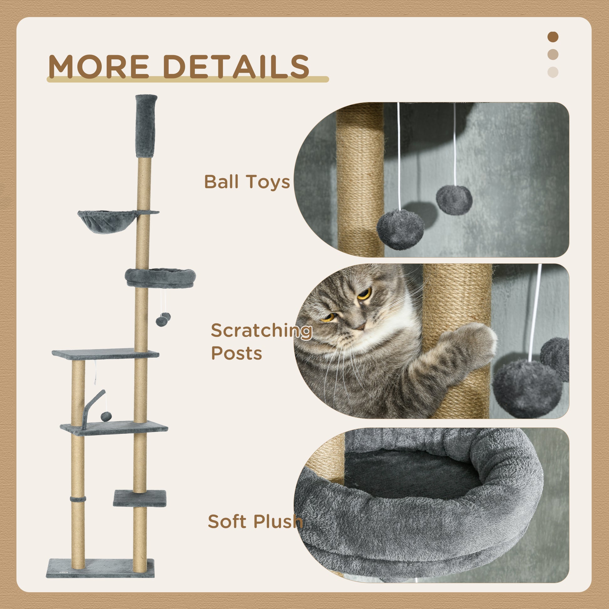 Floor to Ceiling Cat Tree, 90.5" - 98.5" Cat Tower with Scratching Post, Dangling Balls, Platforms, Bed, Hammock, Grey