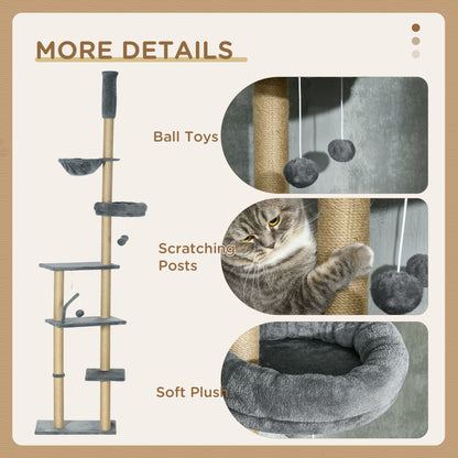 Floor to Ceiling Cat Tree, 90.5" - 98.5" Cat Tower with Scratching Post, Dangling Balls, Platforms, Bed, Hammock, Grey