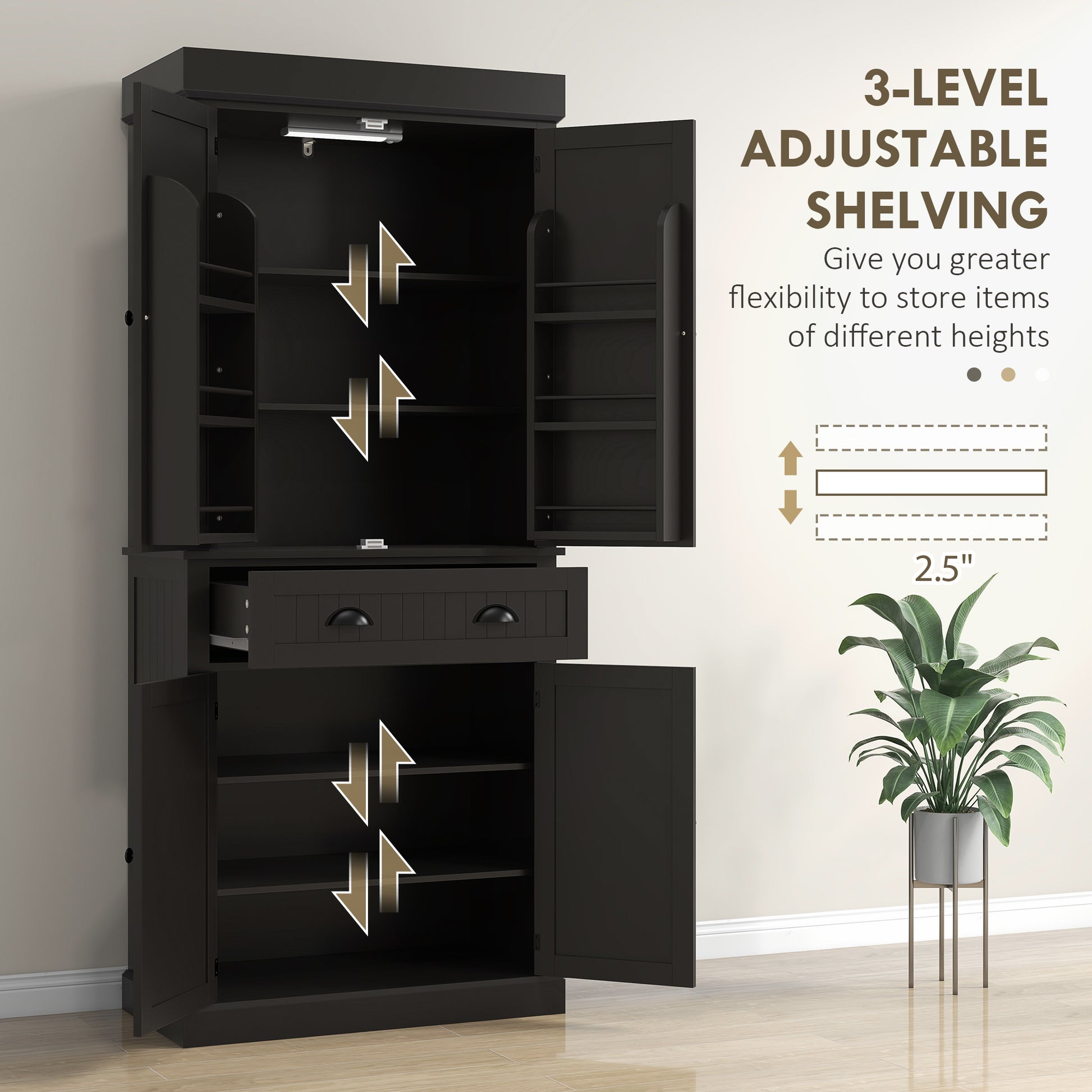71" Kitchen Pantry Cabinet with LED Lights, 6 Spice Racks, a Drawer and 4 Adjustable Shelves, Black