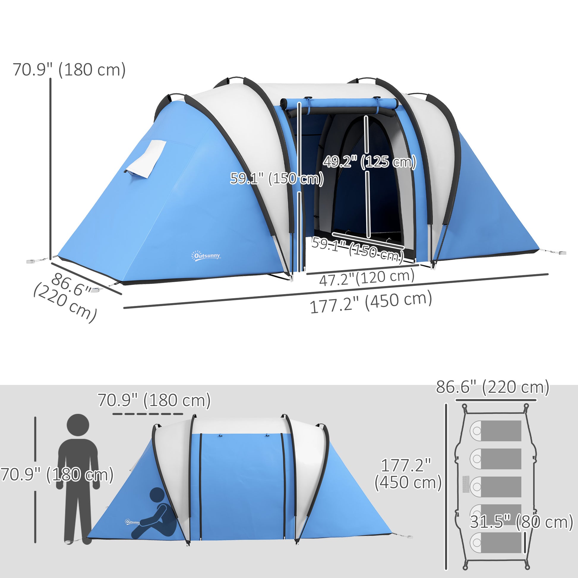 Camping Tent with 2 Bedrooms and Living Area, 3000mm Waterproof Family Tent, for Fishing Hiking Festival, Blue