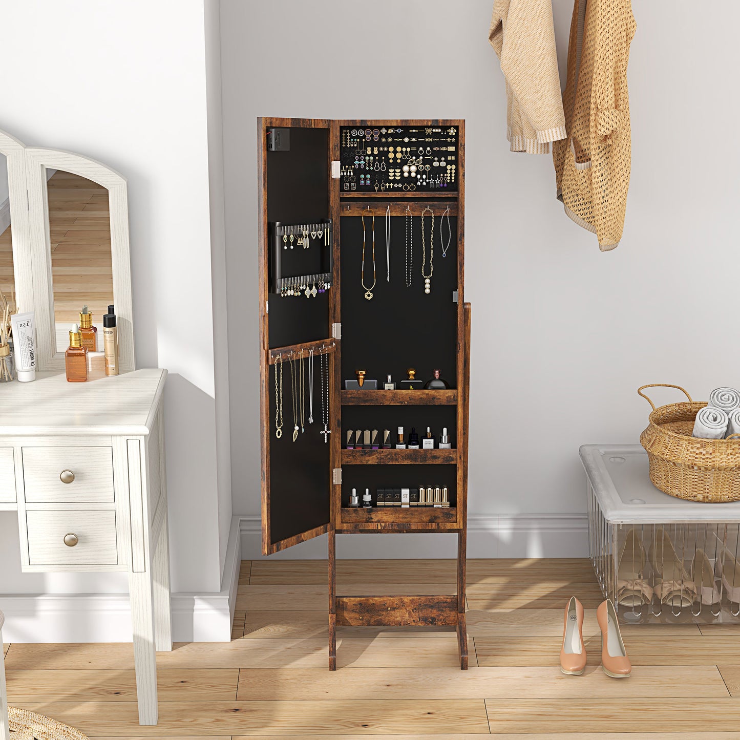 Free Standing Armoire Organizer, Lighted Mirrored Jewelry Cabinet w/ Angle Adjustable & 16 LED Lights Rustic Brown