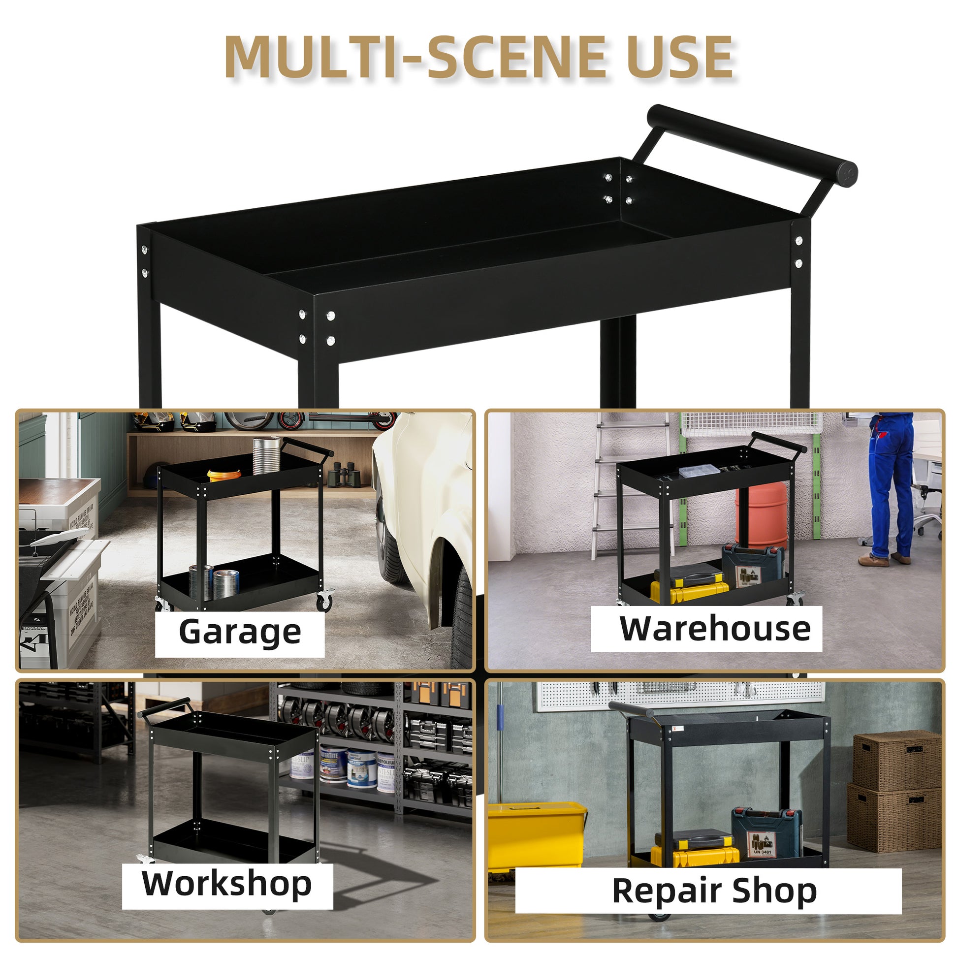 Rolling Tool Cart, 2 Tier Mobile Service Utility Cart with Wheels, Black