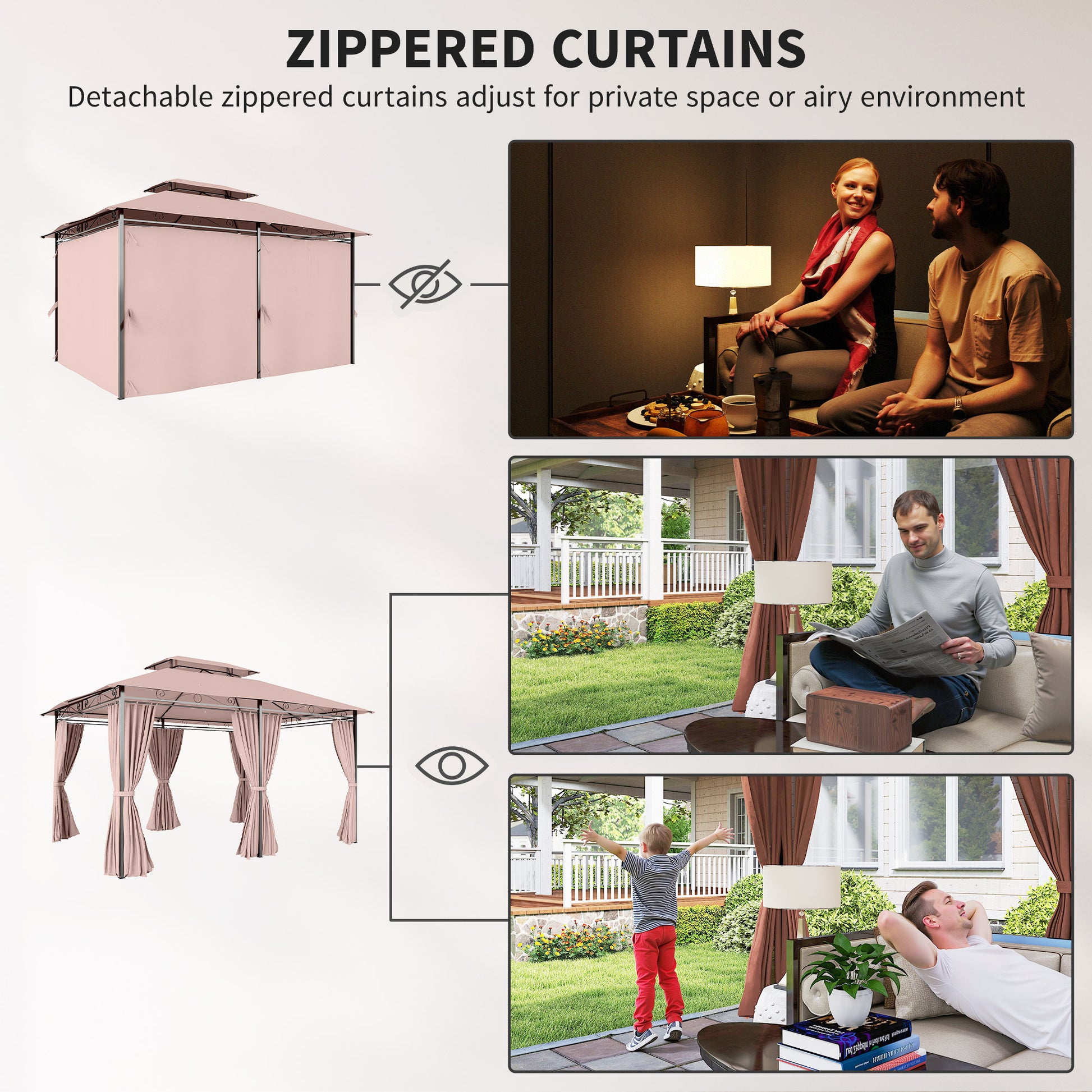 10' x 13' Patio Gazebo, Outdoor 2-Tiers Garden Canopy Yard Sunshade Shelter with Curtains, Khaki