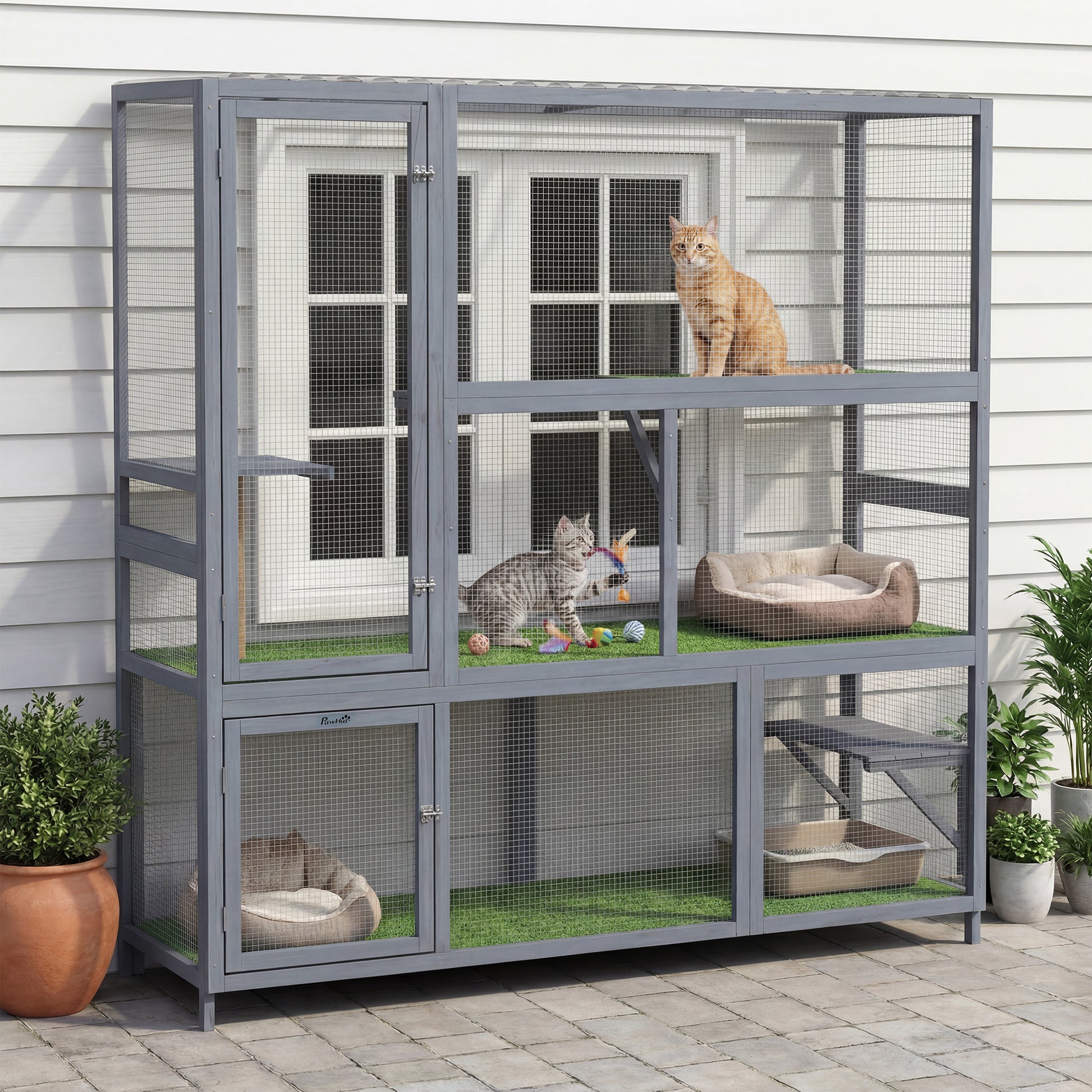 Catio Outdoor Cat Enclosure, 77" H Wooden Cat House with Weatherproof Roof, Platforms and Scratching Post