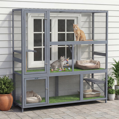Catio Outdoor Cat Enclosure, 77" H Wooden Cat House with Weatherproof Roof, Platforms and Scratching Post