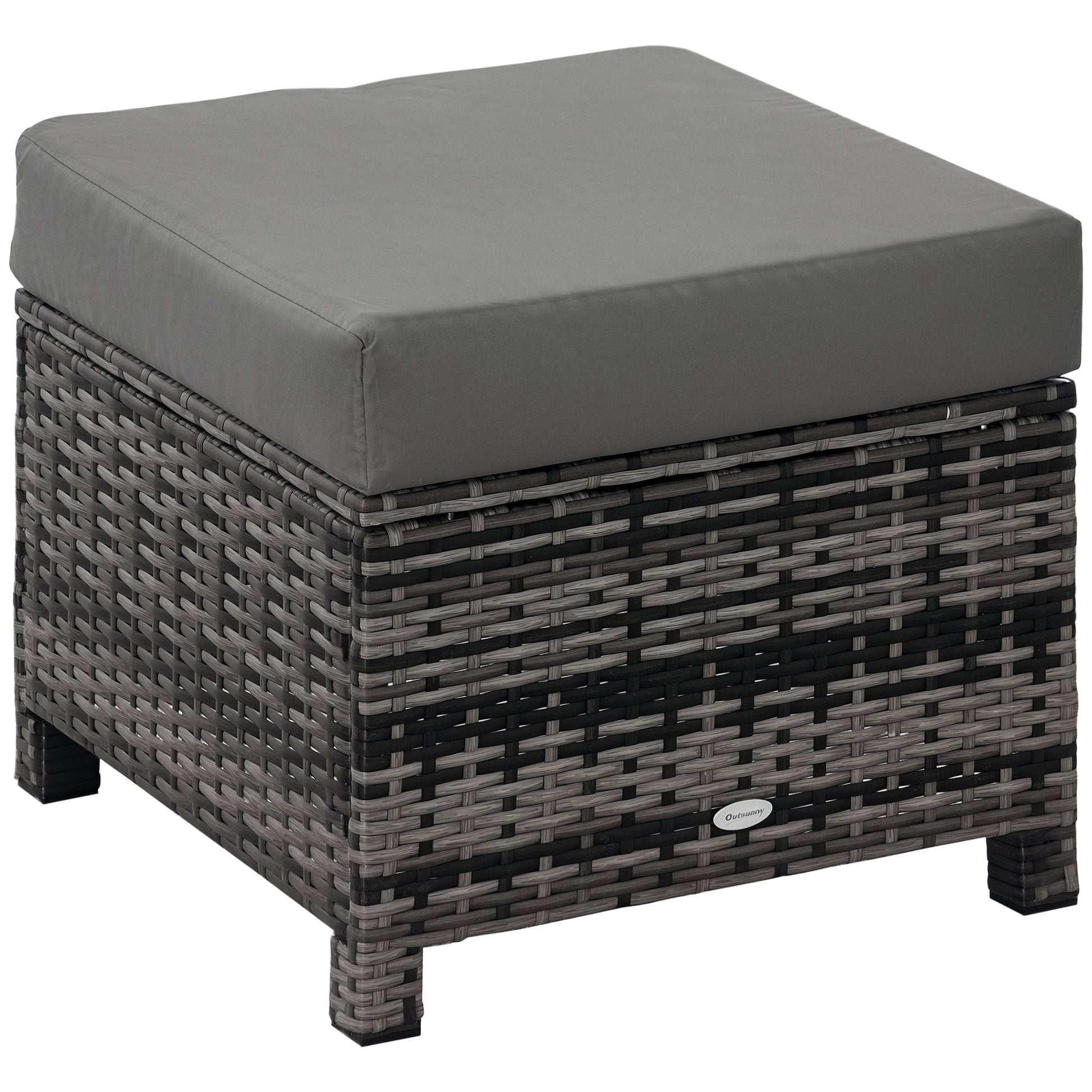 Patio Rattan Ottoman, Outdoor Wicker Footrest with Soft Cushion, Metal Frame for Backyard, Garden, and Poolside, Grey