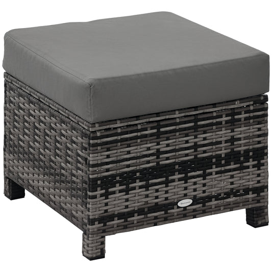 Patio Rattan Ottoman, Outdoor Wicker Footrest with Soft Cushion, Metal Frame for Backyard, Garden, and Poolside, Grey