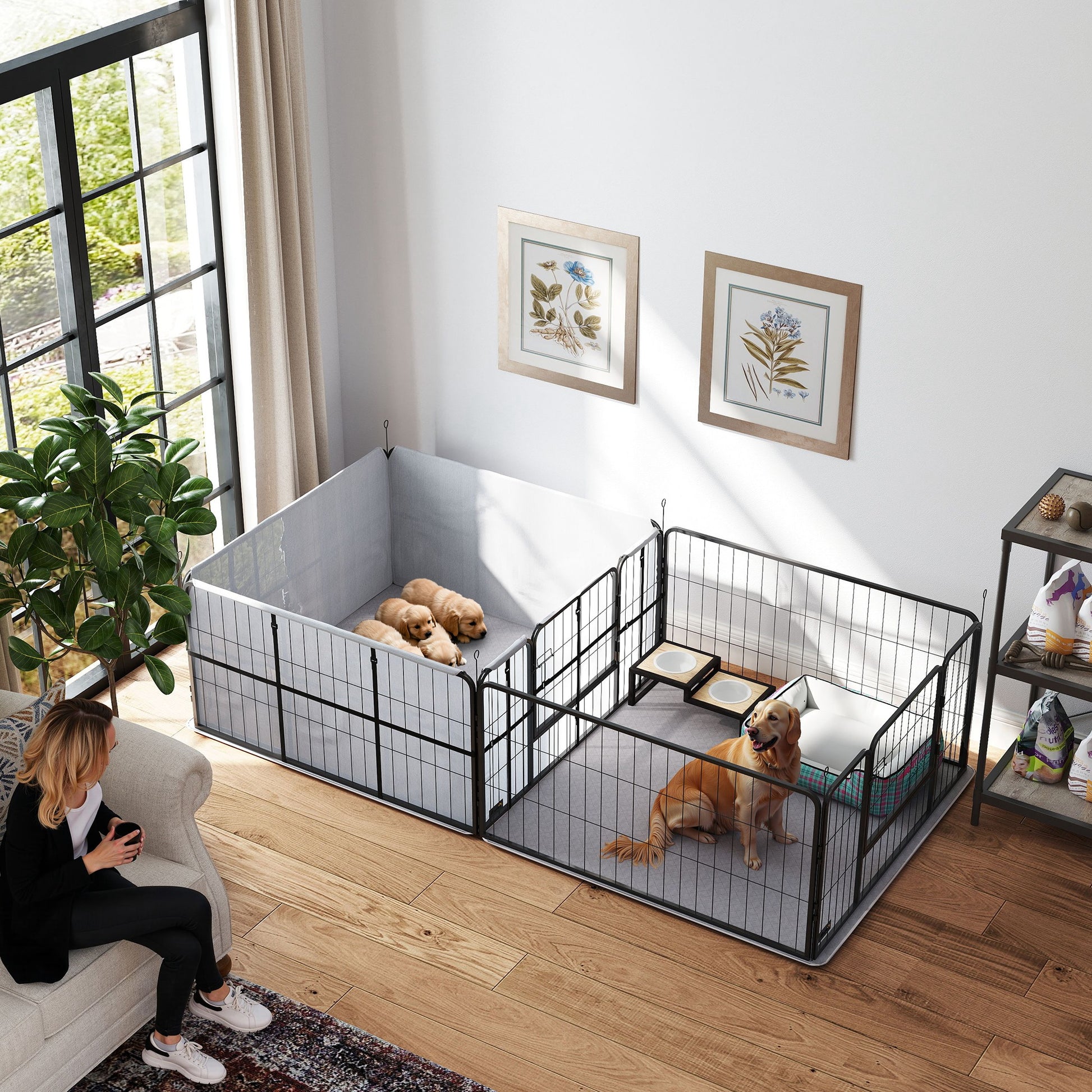 7 Panel Dog Whelping Box Convertible DIY Pet Playpen with Washable Pee Pads, 600D Oxford Fabric, 96" x 48" x 24"