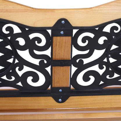 50" Outdoor Garden Bench, Park Patio Bench Loveseat, Wood & Metal Frame with Plastic Flourish Backrest, Natural Wood