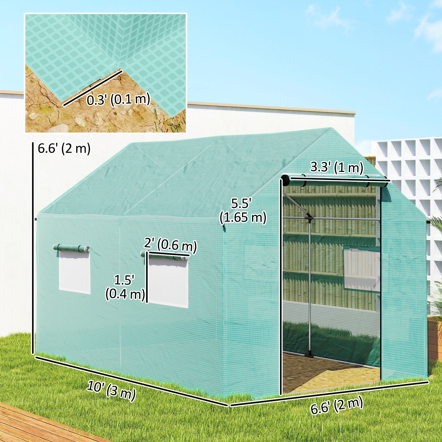 6.6' x 10' x 6.6' Walk-in Tunnel Greenhouse UV-resistant Wind Resistant Green House with Door and Mesh Windows, Green