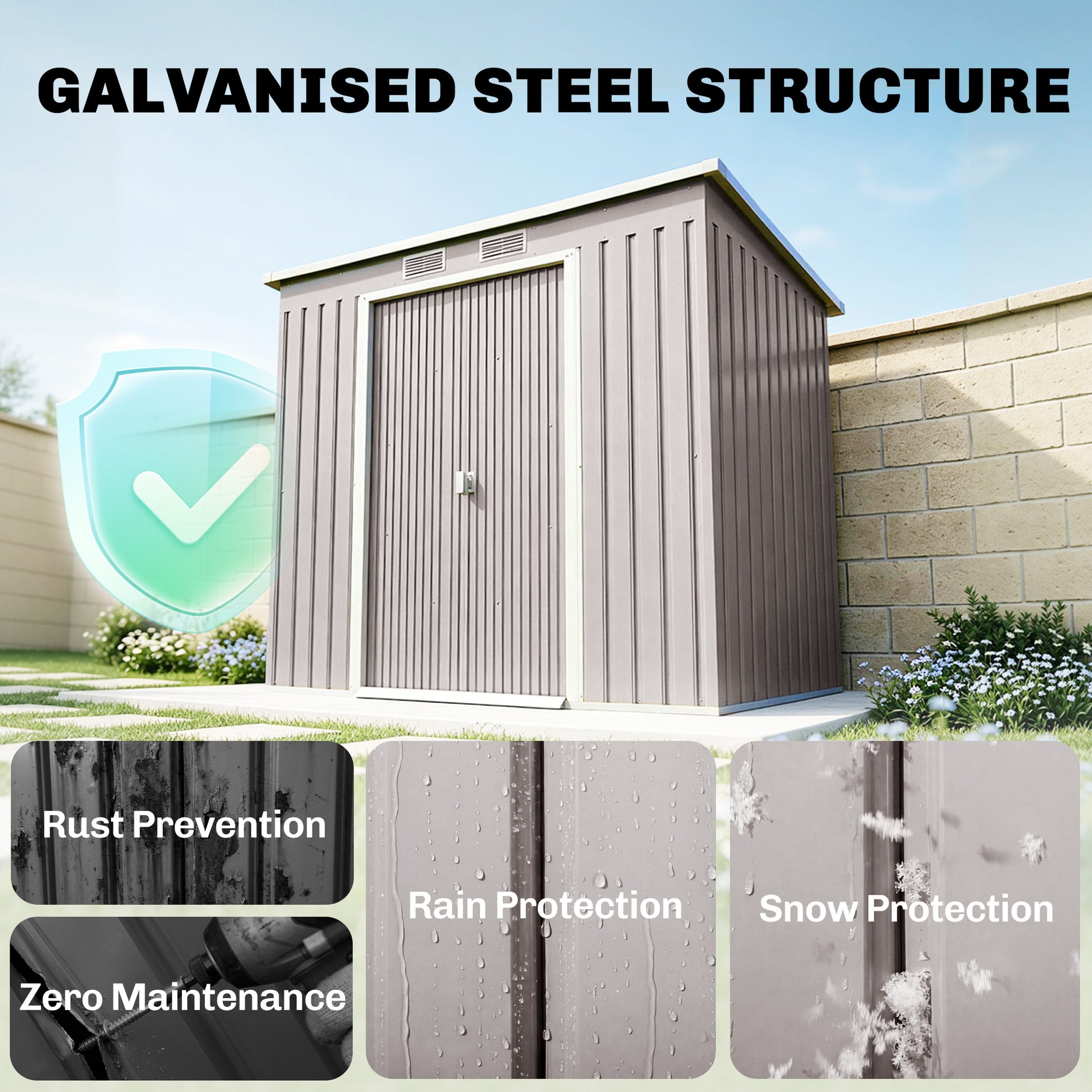 7' x 4' Galvanised Steel Garden Shed, with Foundation Kit - Grey