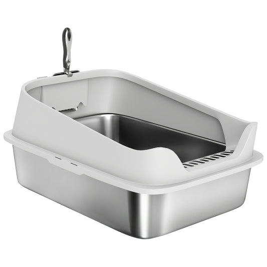 Cat Litter Box Stainless Steel with Metal Litter Scoop, Never Absorbs Odors, Anti Leakage, 24" x 16" x 12", Grey