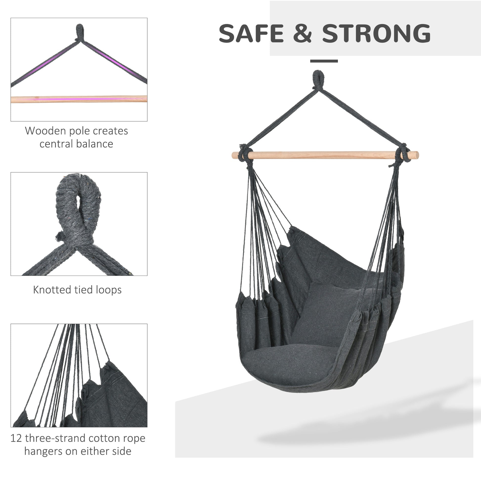 Hammock Chair Swing Hanging Macrame Chair Cotton w/ Two Soft Seat Cushions, for Bedroom Indoor Outdoor Ideal Gift for Kids Lover Birthday Present, Dark Grey