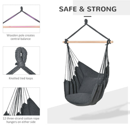 Hammock Chair Swing Hanging Macrame Chair Cotton w/ Two Soft Seat Cushions, for Bedroom Indoor Outdoor Ideal Gift for Kids Lover Birthday Present, Dark Grey
