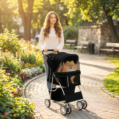 Pet Stroller with Reflective Strips, Foldable Cat Stroller with 360° Swivel Wheels for Small Dogs and Cats, Black