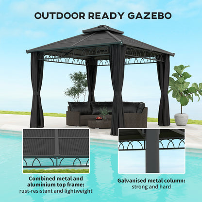 10' x 10' Outdoor Hardtop Gazebo Canopy with Double PC Roof, Steel Frame, Nettings, Curtains for Garden Lawn Deck, Black