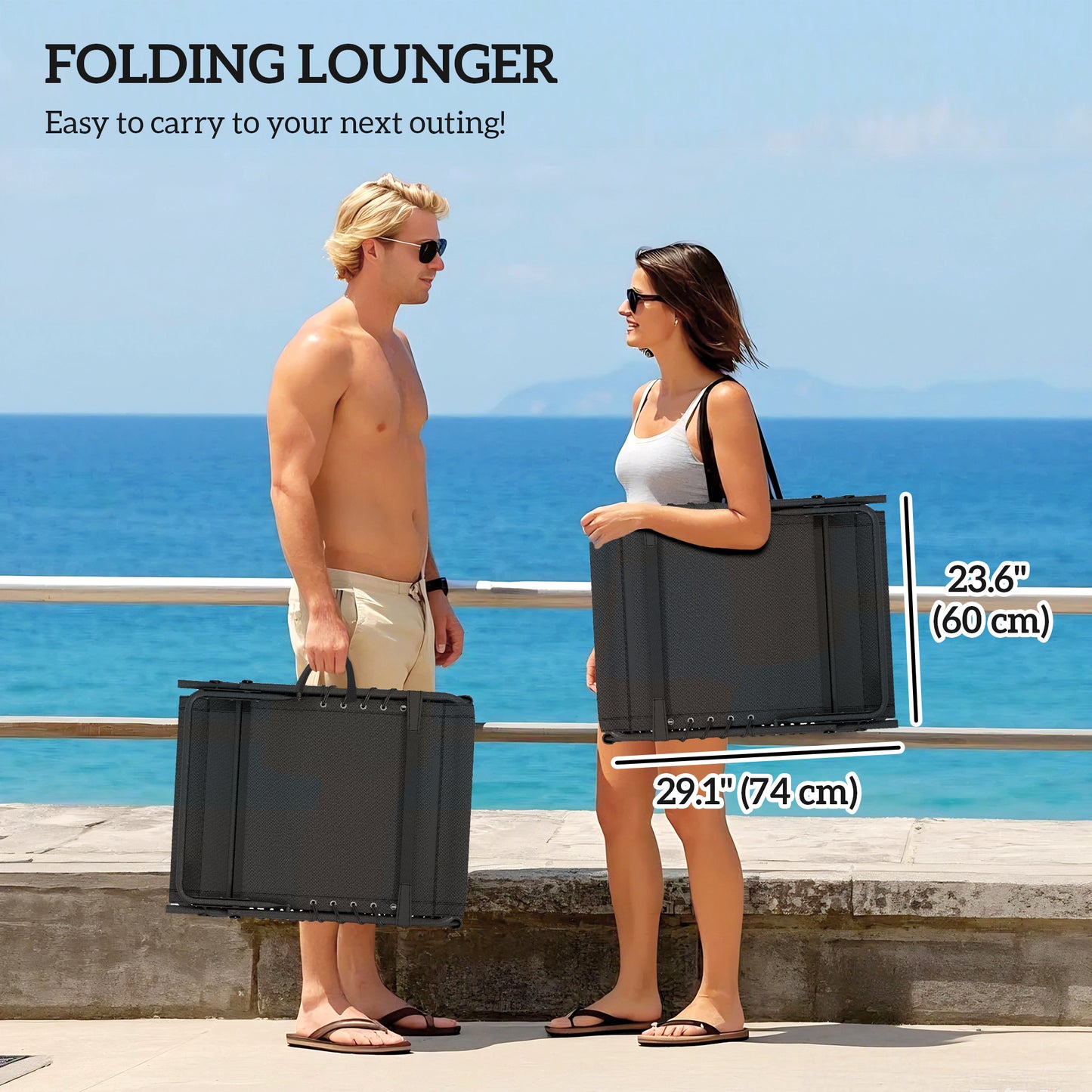 Outdoor Lounge Chair Set of 2, Folding Chaise Lounge Tanning Chair with Cushion, Side Pocket, Black/Grey