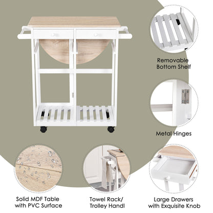 Kitchen Trolley 3 Piece Kitchen Cart Set Drop Leaf Breakfast Table and 2 Stools w/ Rolling Wheels & Towel Bars, Wood & White