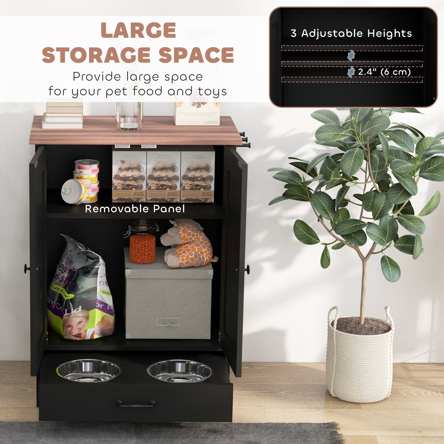 Pet Food Storage Container Dog Feeding Station w/ Adjustable Panel, Hooks, for Medium Sized Dogs, Black