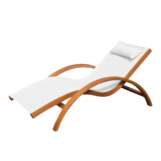 Outdoor Wood Sling Chaise Lounge Reclining Garden Mesh Lounger Patio Chair with Headrest Cream