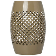 12.4" Steel Patio End Table, Round Hollow Drum Side Table, Accent Table for Indoor and Outdoor, Khaki
