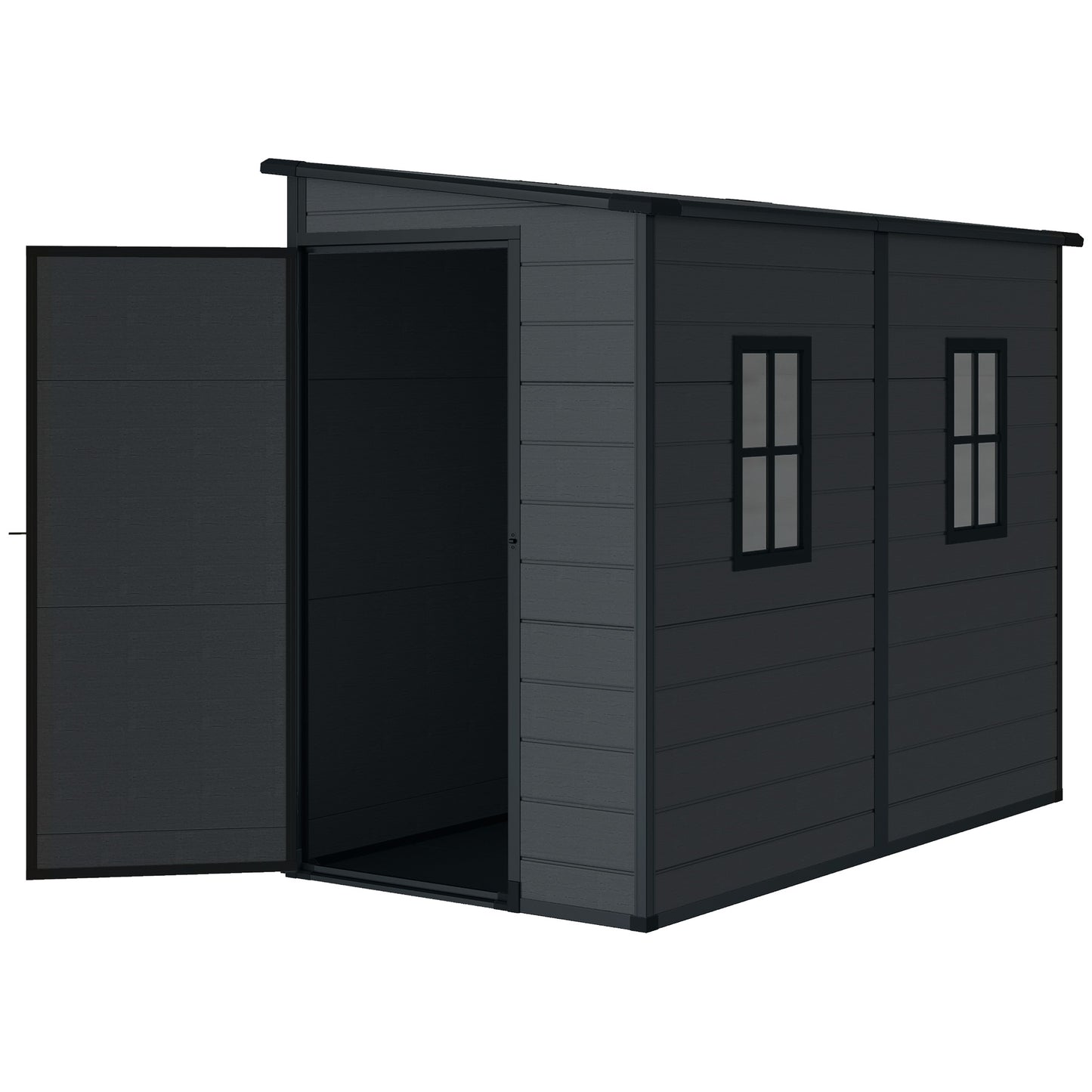 4.3' x 8' Outdoor Storage Shed with Floor, Garden Shed with Lockable Doors and Windows, Dark Grey