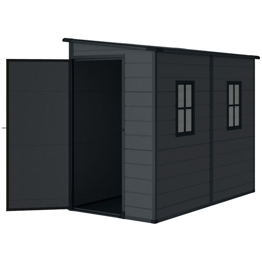 4.3' x 8' Outdoor Storage Shed with Floor, Garden Shed with Lockable Doors and Windows, Dark Grey
