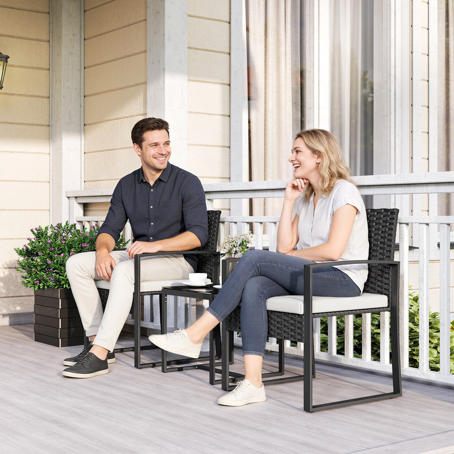 Outdoor Bistro Set, 3 Piece Wicker Patio Furniture Set with Glass Top Table and Cushions for Porch, Balcony, Cream White