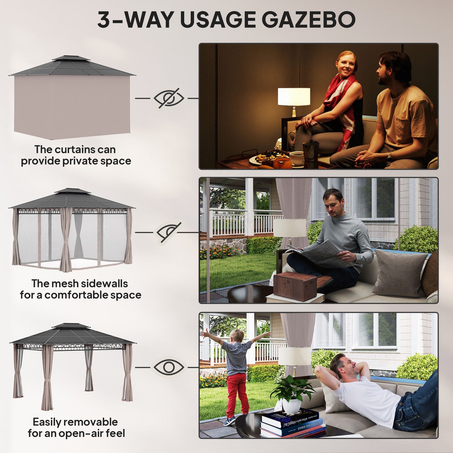 10' x 12' Outdoor Gazebo Canopy, Double Roof Hardtop Gazebo with Polycarbonate Roof, Steel Frame, Nettings and Curtains, for Garden, Lawn, Backyard and Deck, Khaki