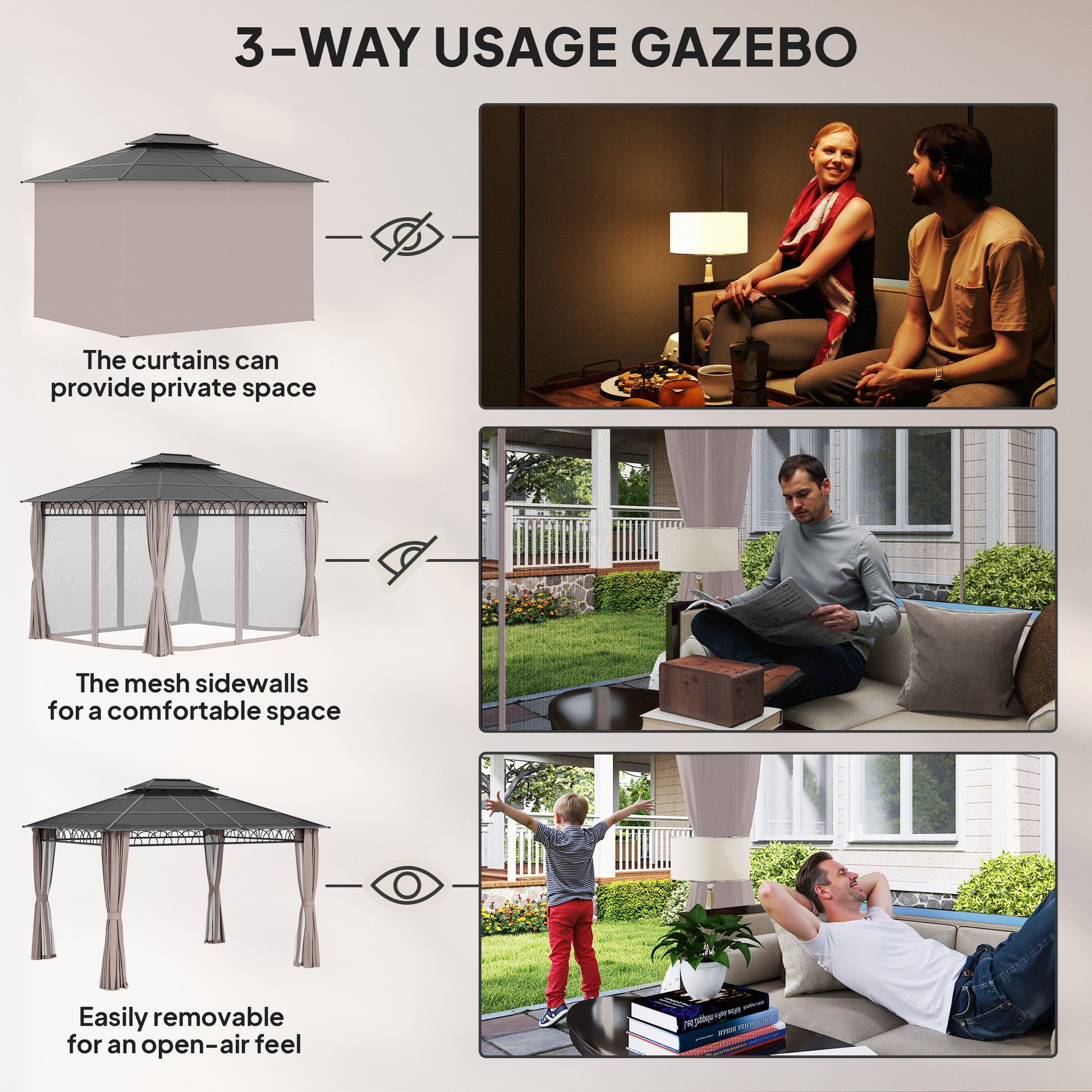 10' x 12' Outdoor Gazebo Canopy, Double Roof Hardtop Gazebo with Polycarbonate Roof, Steel Frame, Nettings and Curtains, for Garden, Lawn, Backyard and Deck, Khaki