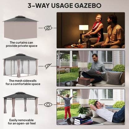 10' x 12' Outdoor Gazebo Canopy, Double Roof Hardtop Gazebo with Polycarbonate Roof, Steel Frame, Nettings and Curtains, for Garden, Lawn, Backyard and Deck, Khaki