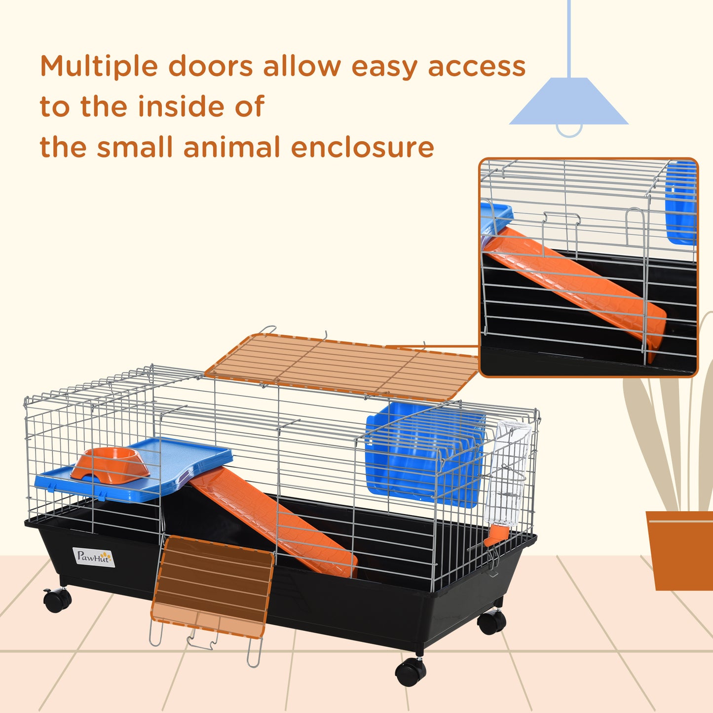 Small Animal Cage, Rolling Bunny Cage, Guinea Pig Cage with Food Dish, Water Bottle, Hay Feeder, Platform, Ramp, Black