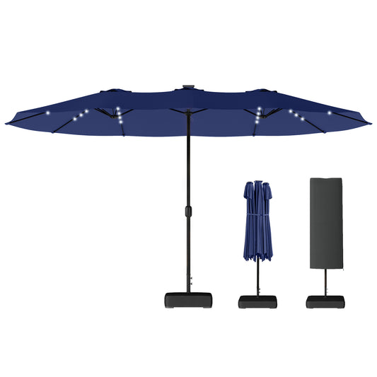 Double-sided Patio Umbrella with Base Included & 48 LED Lights 15ft Dark Blue