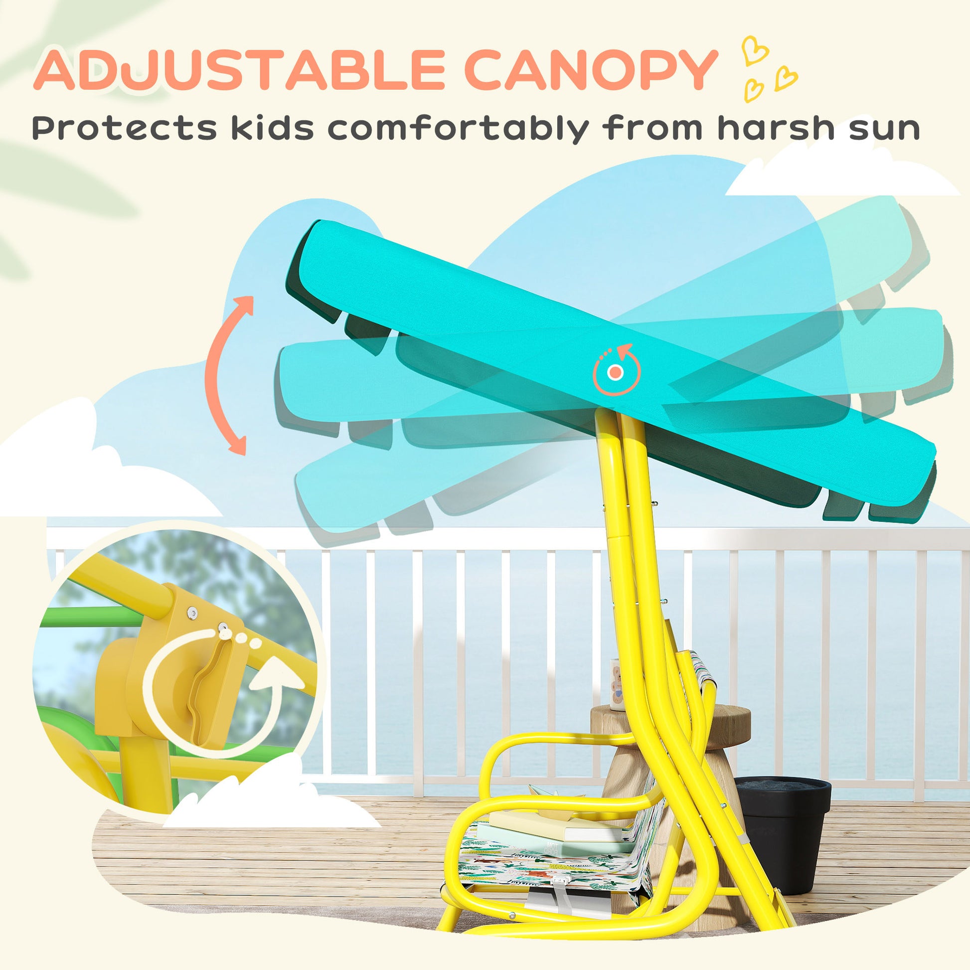 Qaba Kids Porch Swing, 2-Seater Patio Swing Bench with Safety Belts, Adjustable Canopy for Backyard, Garden, Green