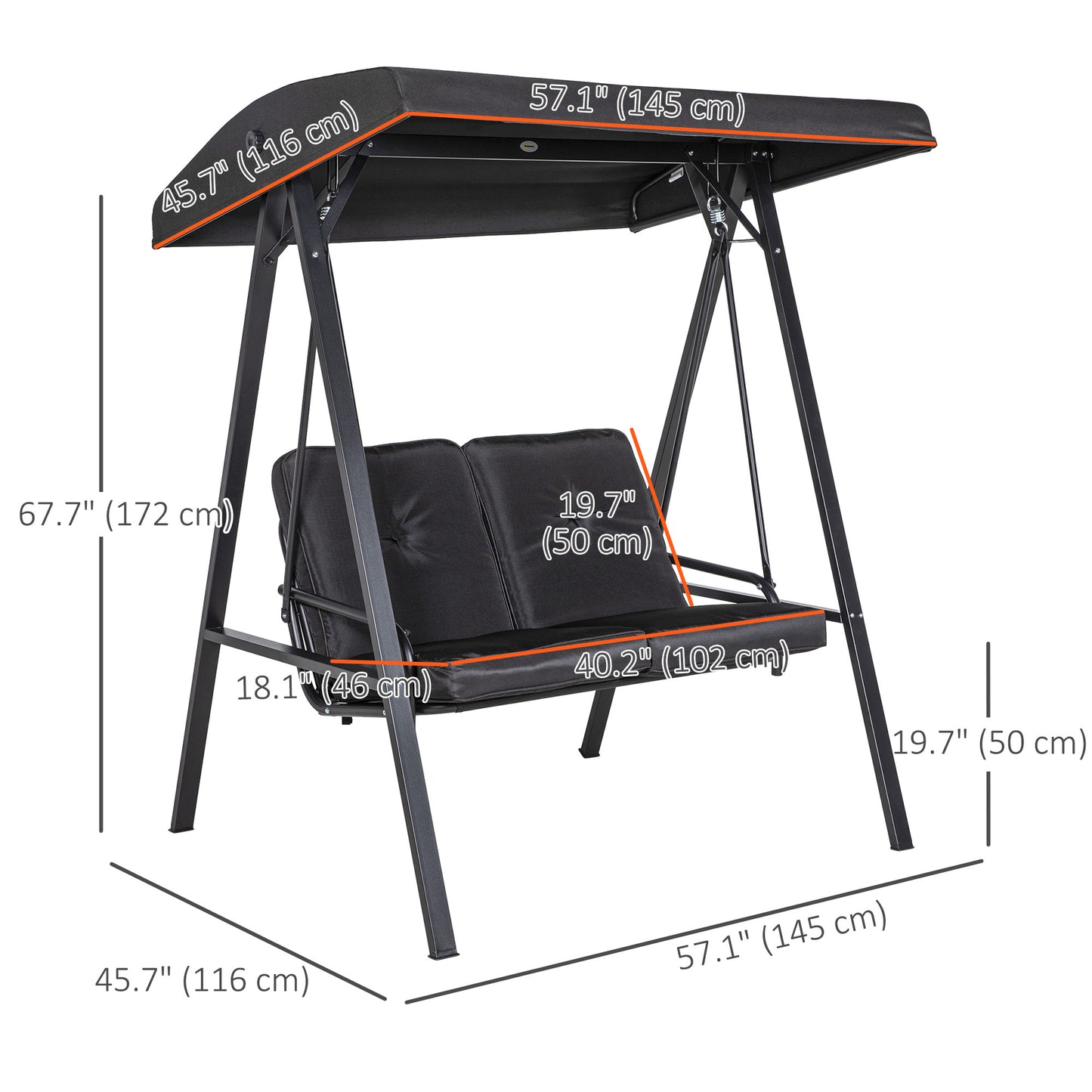 2-Seater Outdoor Porch Swing with Adjustable Canopy, Patio Swing Chair for Garden, Poolside, Backyard, Black