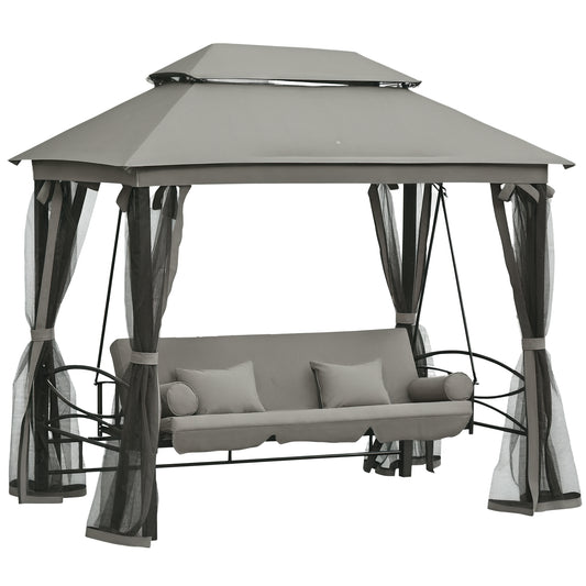 3 Person Outdoor Patio Daybed, 3 in 1 Canopy Gazebo Swing Chair Garden Hammock with Sun Shade, Mesh Mosquito and Net, Dark Grey