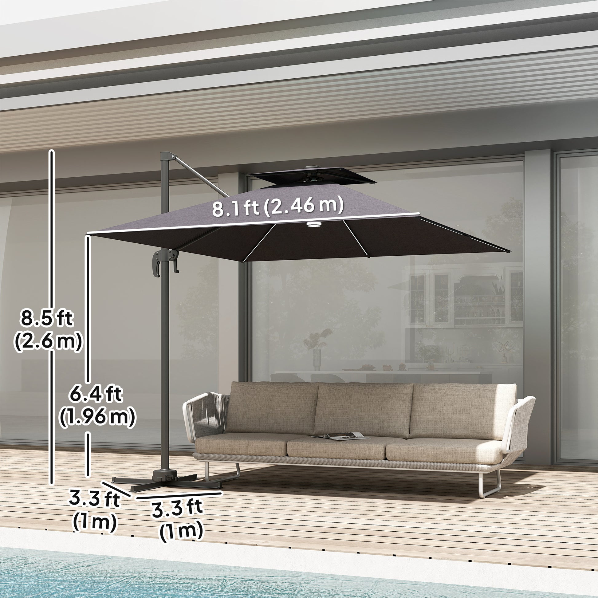 8' Cantilever Patio Umbrella with LED Lights, 360°Rotation, Tilt & Height Adjustment, Crank, Cross Base, Dark Grey