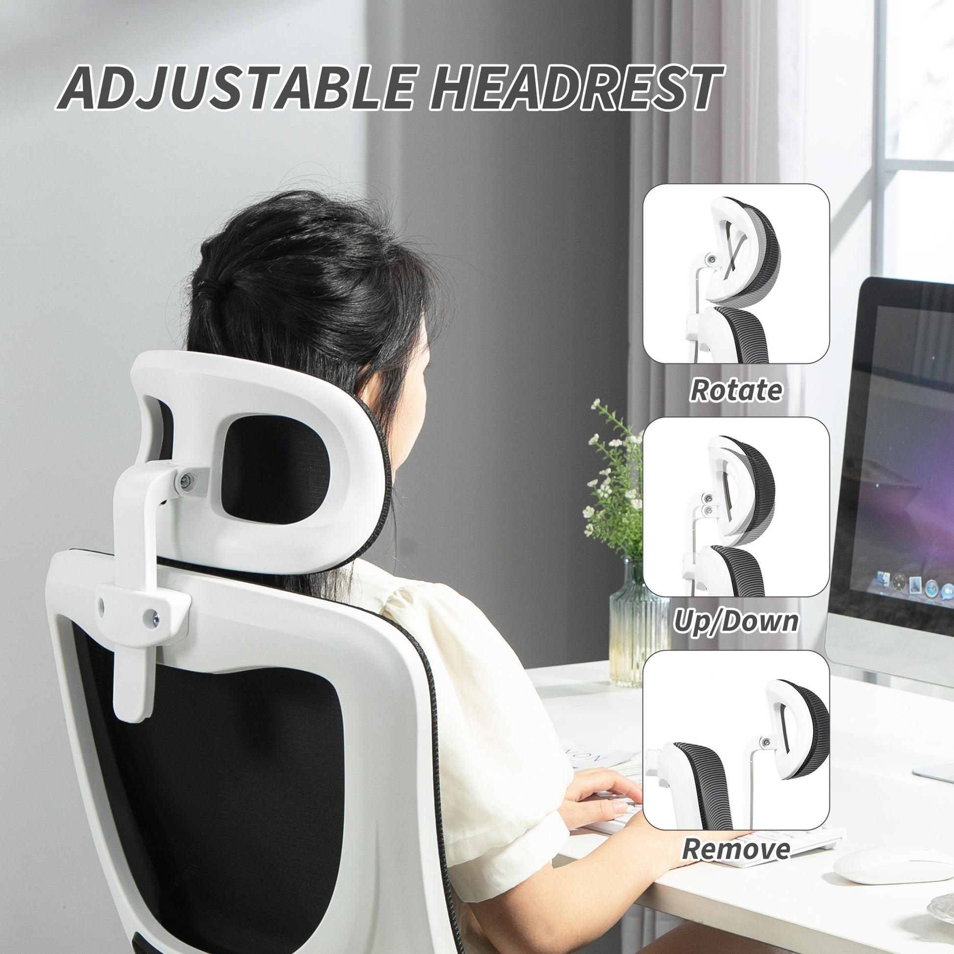 High Back Office Chair, Mesh Computer Desk Chair with Rotatable Headrest, Lumbar Back Support, Adjustable Height, Black