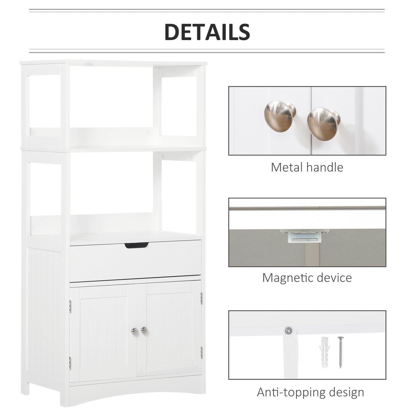 Bathroom Floor Cabinet, Free Standing Kitchen Cabinet with Shelves, Drawer and Doors, for Living Room, White