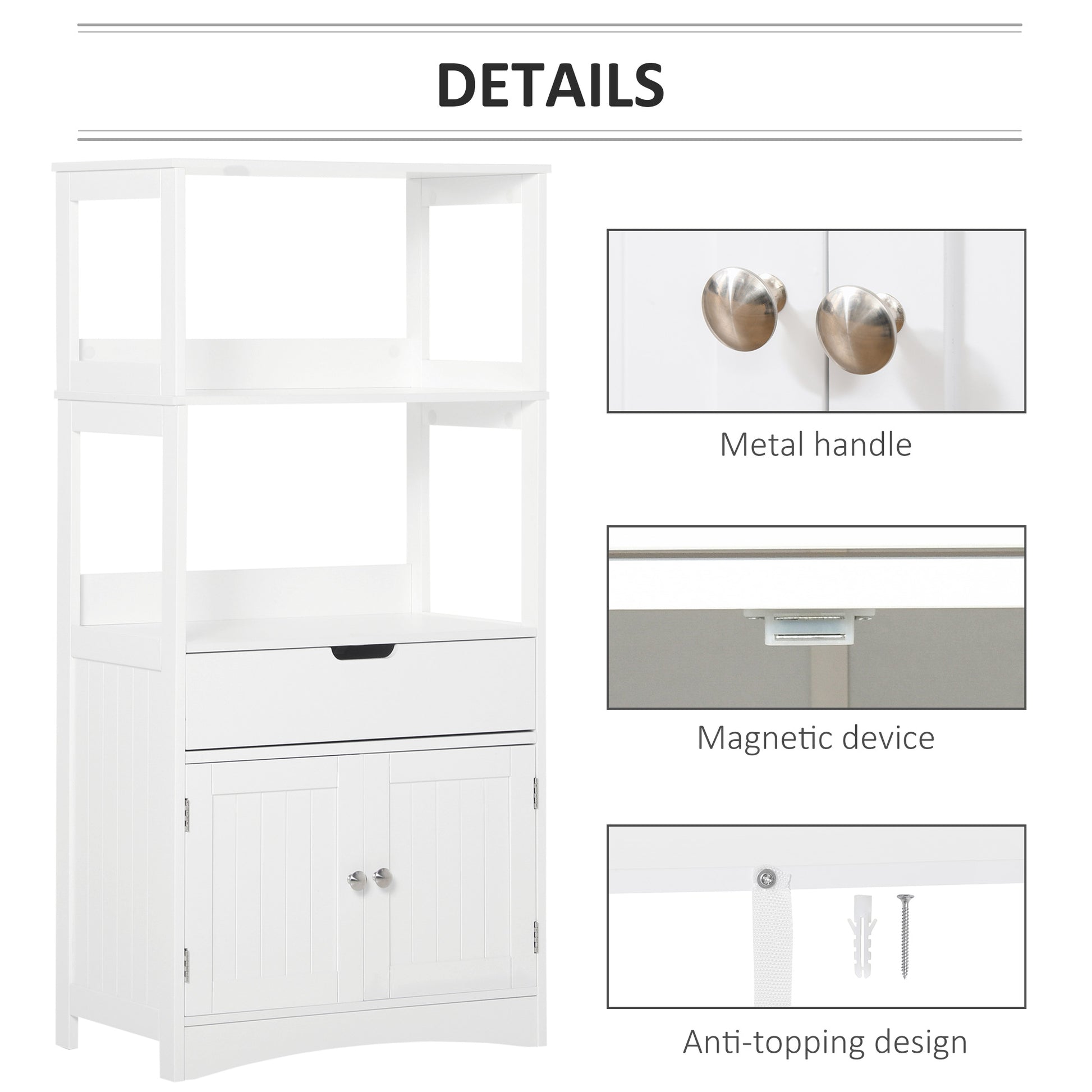 Bathroom Floor Cabinet, Free Standing Kitchen Cabinet with Shelves, Drawer and Doors, for Living Room, White